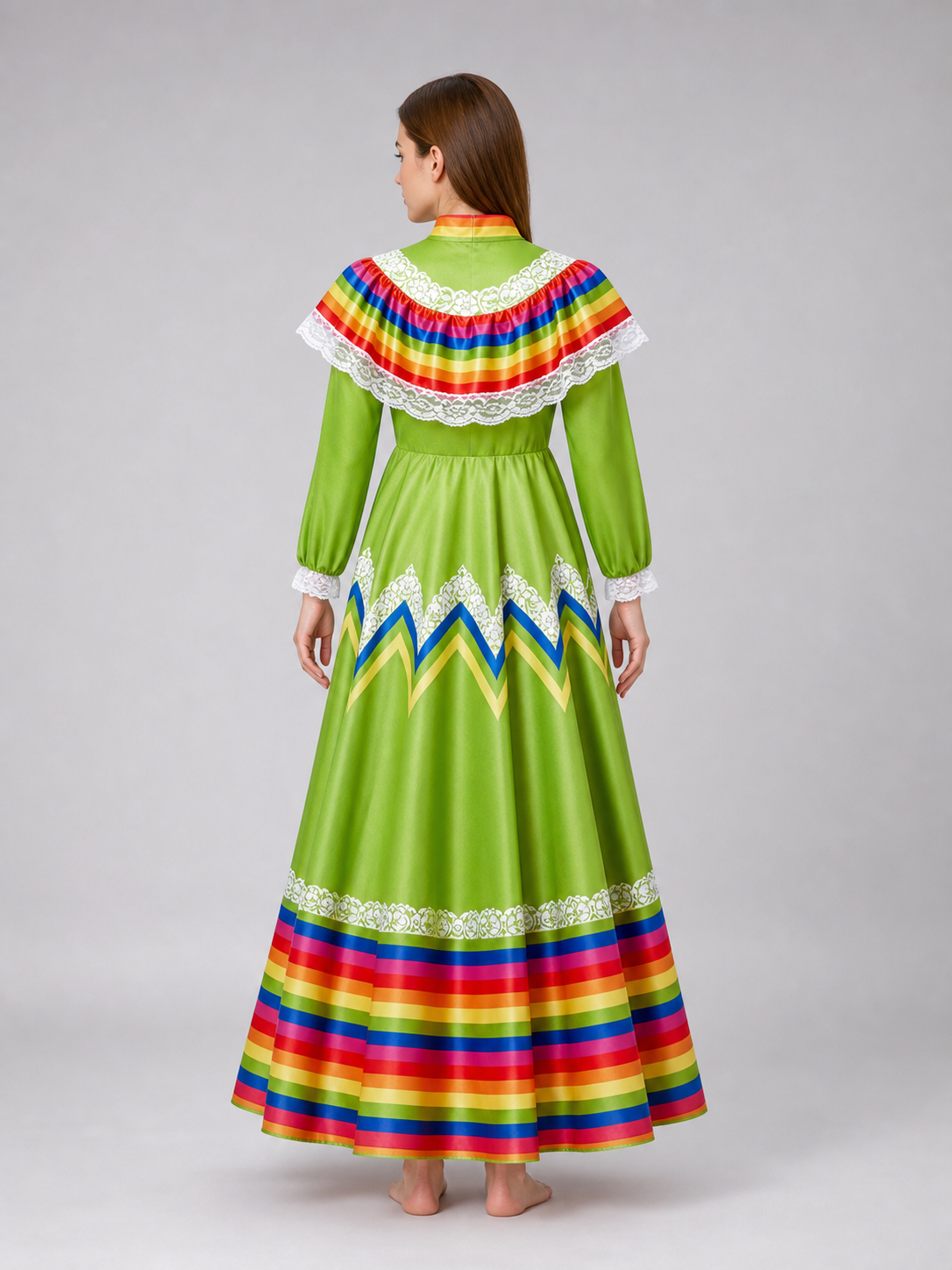 Bright folk dress with a full skirt and lace
