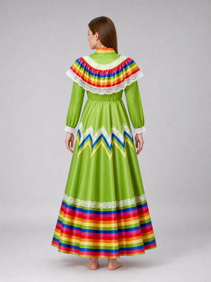 Bright folk dress with a full skirt and lace