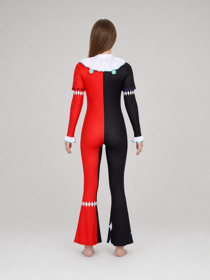 One-piece ghost clown costume in a theatrical circus style. The set includes a