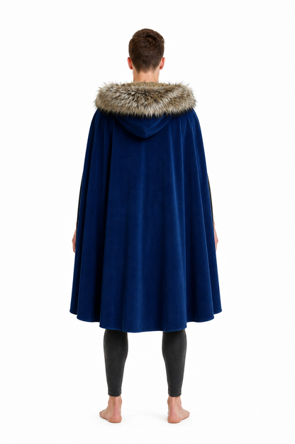 Long Blue Cape with Fur Collar back view