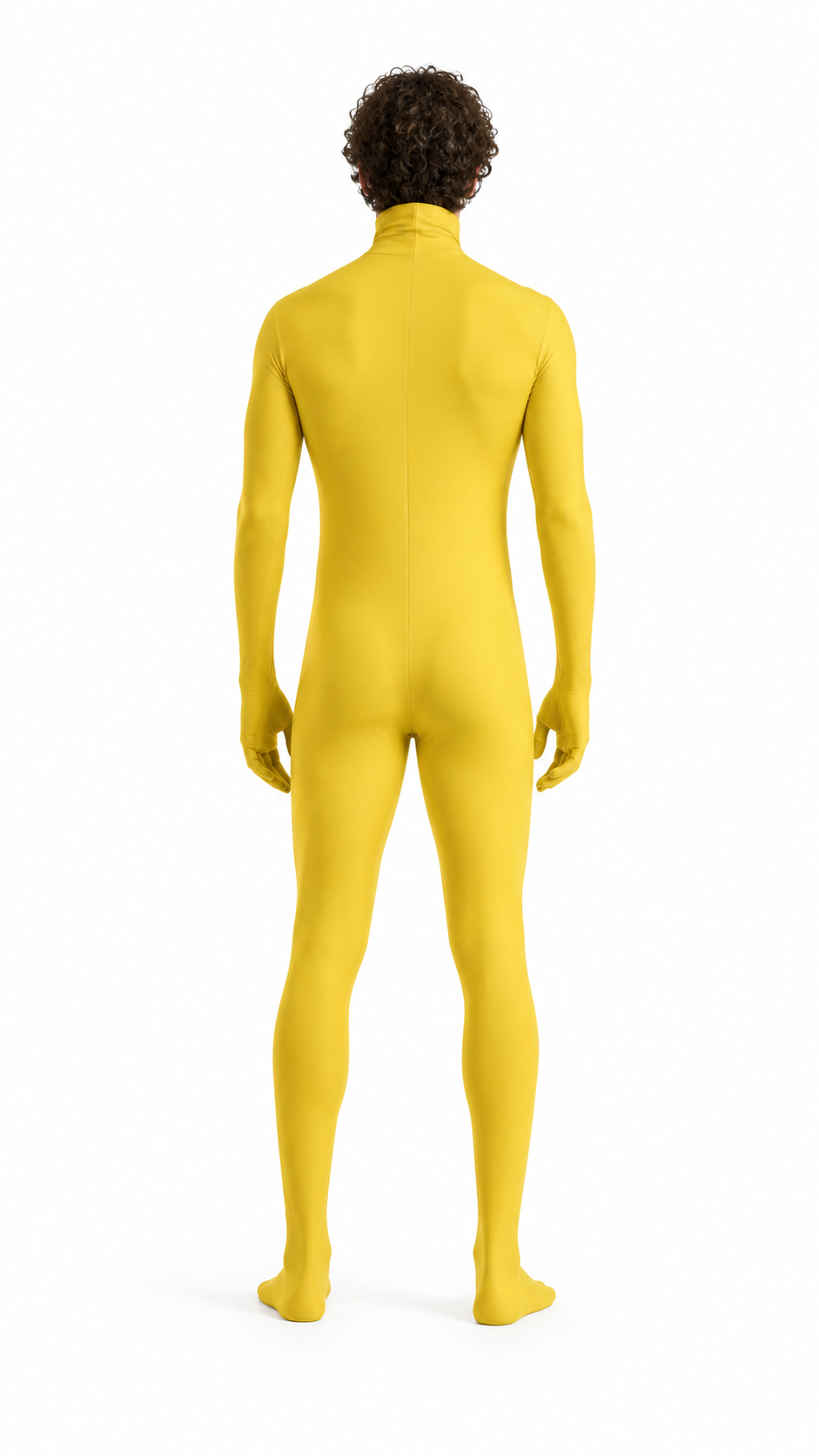 Yellow zentai jumpsuit with hood and gloves back view