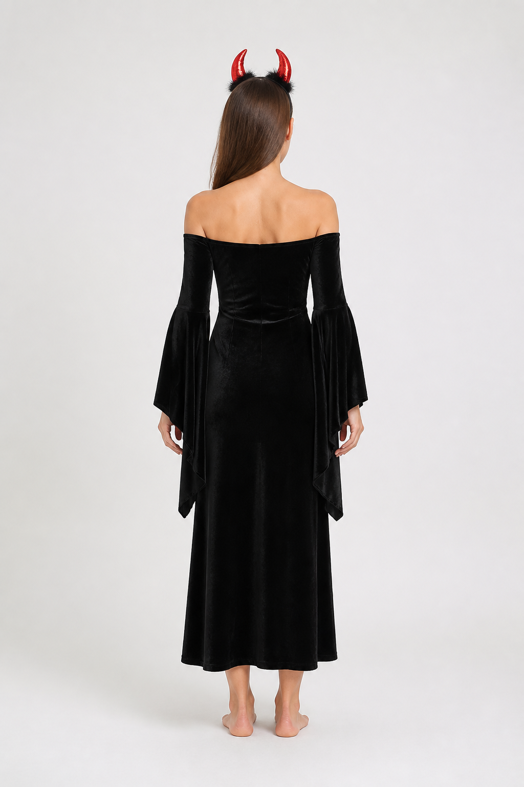 Black Gothic Long Dress with Red Horns back view