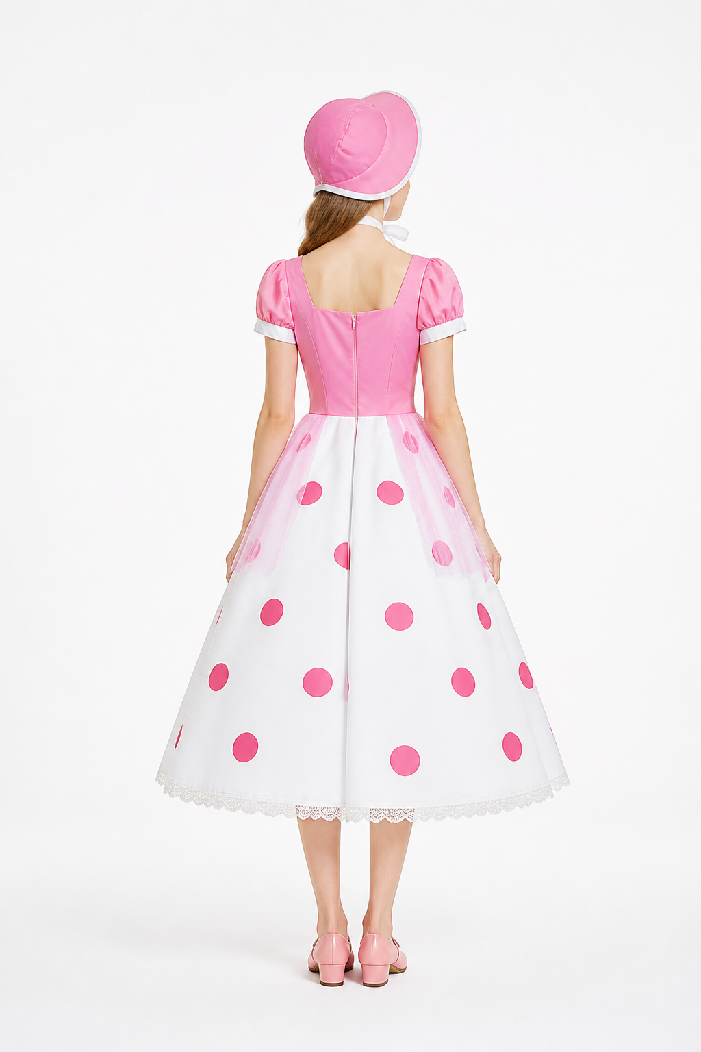 Cosplay Dress with Full Skirt and Polka-Dot Hat back view