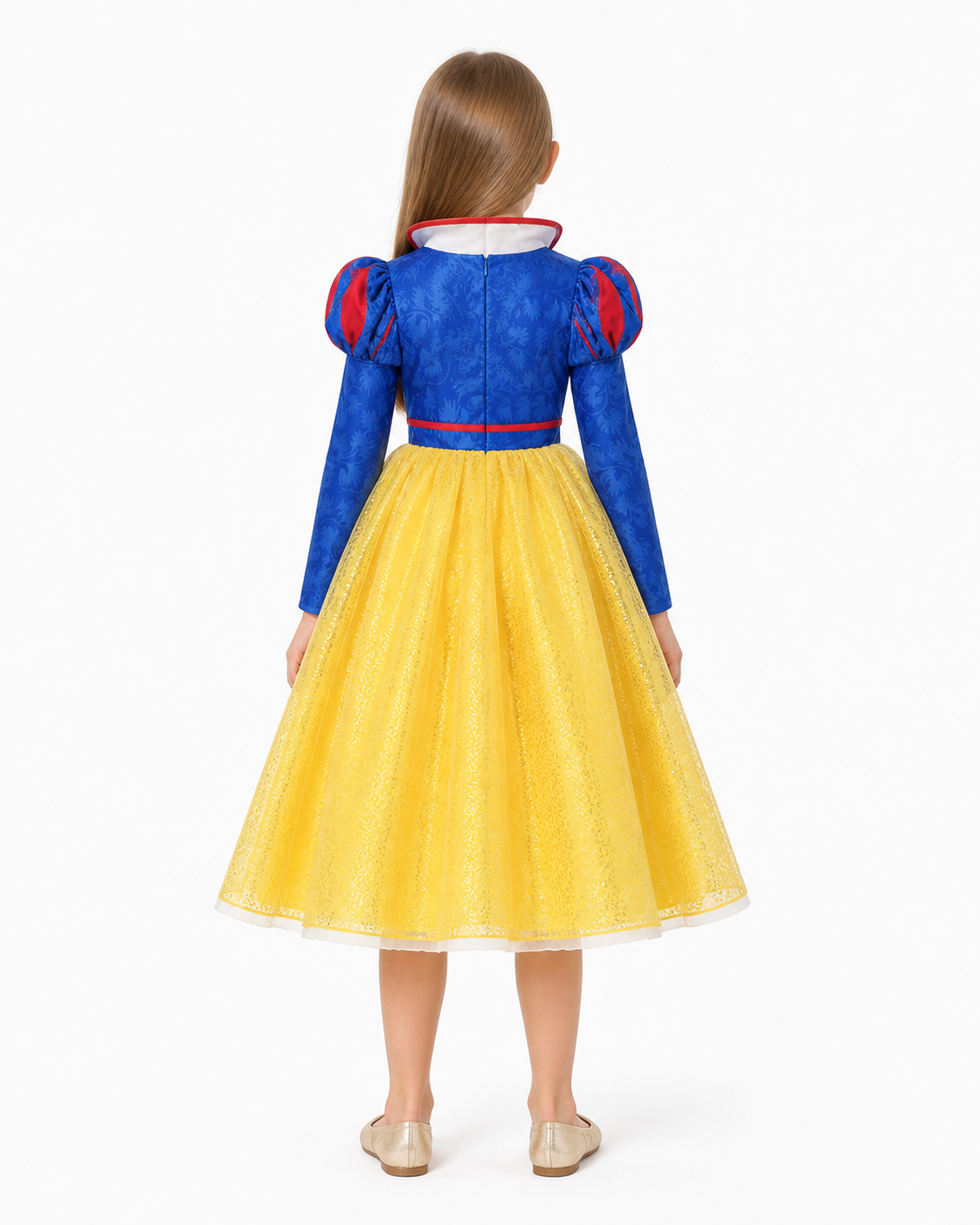 Princess Dress with White Collar and Full Yellow Skirt back view