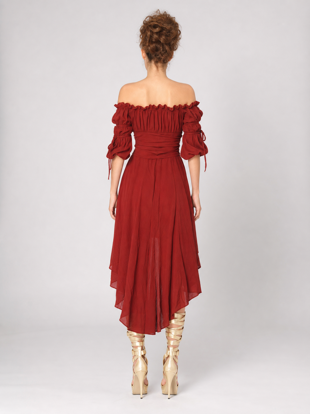 Dark Red Stage Dress with an Asymmetrical Hem back view