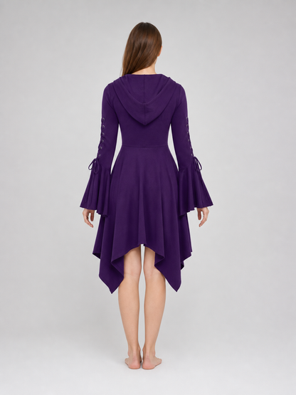Gothic Hooded Dress with Flare and Asymmetry