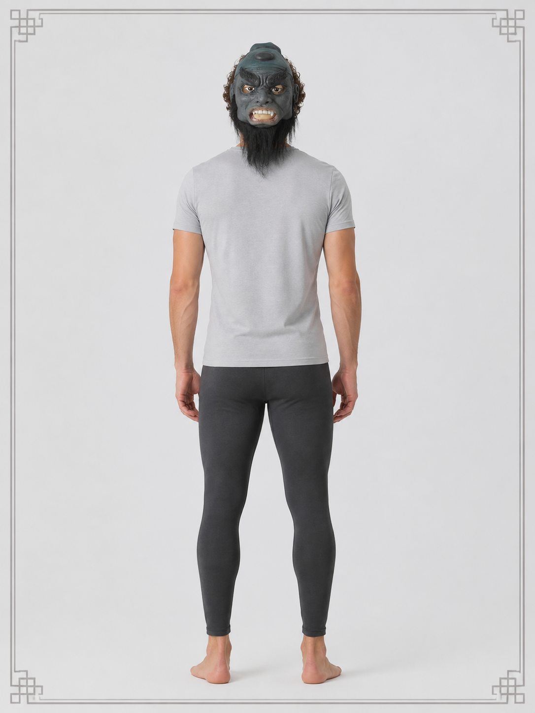 Gray-Black Carnival Mask with Hair and Beard back view