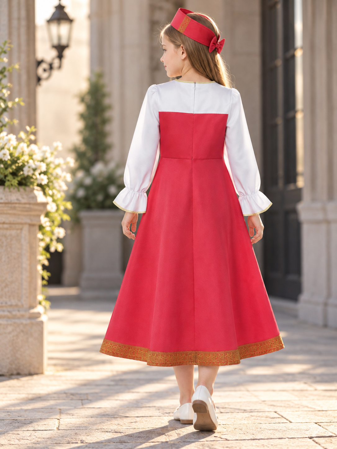 Red Folk Costume Dress for Cosplay with Gold-Tone Trim back view