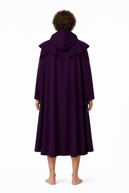 Long Purple Gothic Hooded Cloak with Ties back view