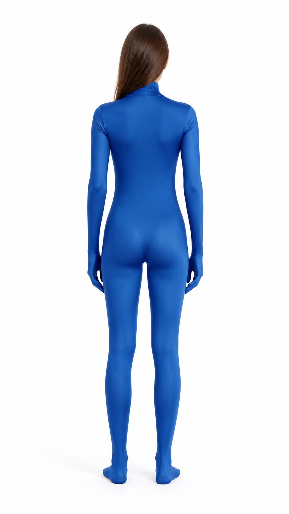 Blue Zentai jumpsuit with hood and open face back view
