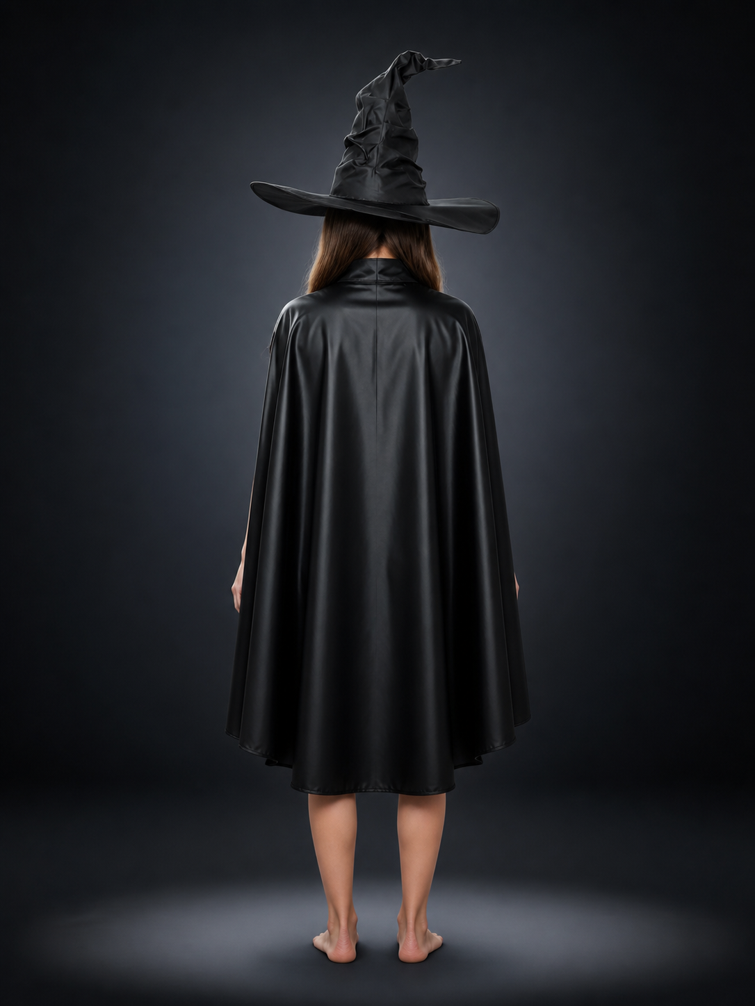 Black Halloween Witch Hat Wide Brim Pointed Wizard Hat Ruched Asymmetrical Brim back view