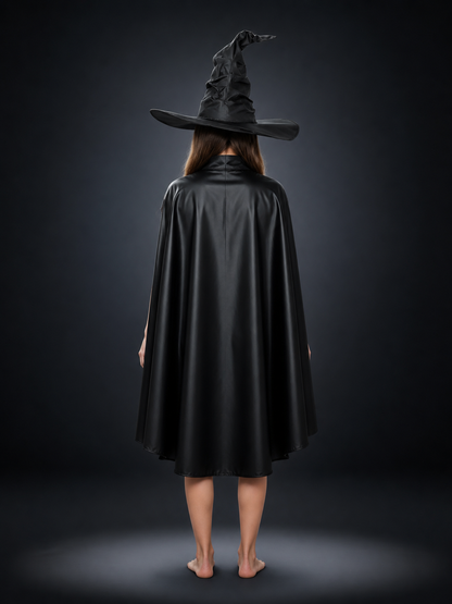 Black Halloween Witch Hat Wide Brim Pointed Wizard Hat Ruched Asymmetrical Brim back view