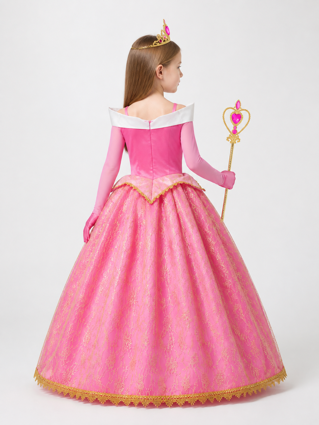 Pink Princess Costume with Crown and Scepter back view