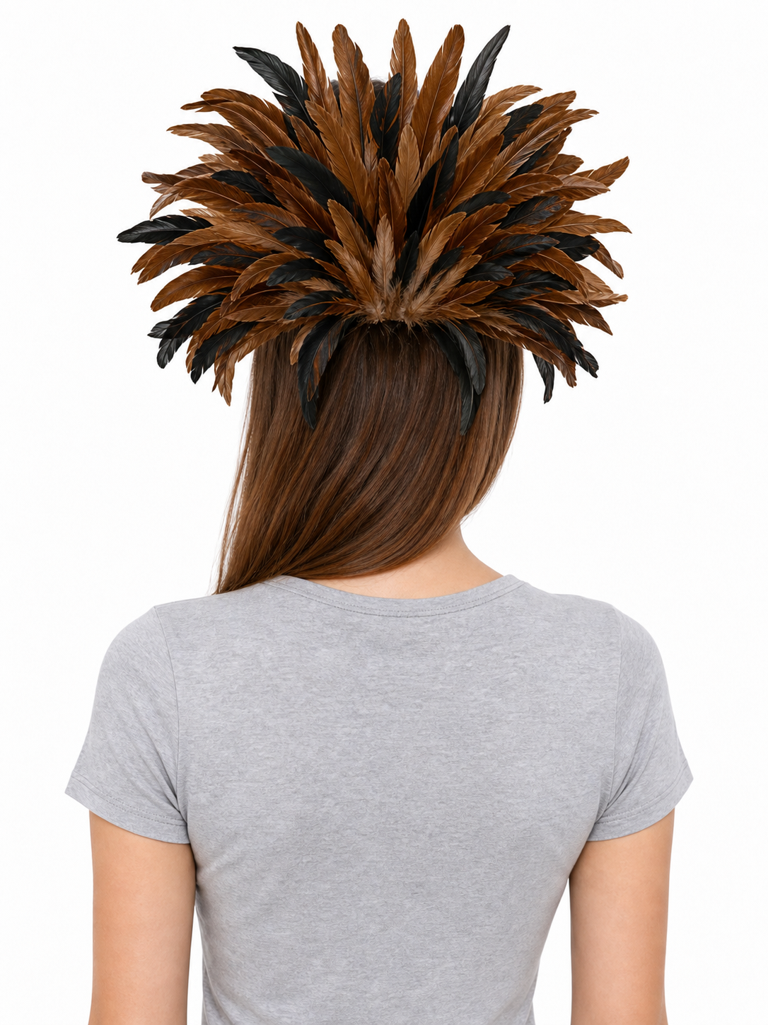 Back view of a model wearing a brown and black feathered headpiece with layered brown and black feathers