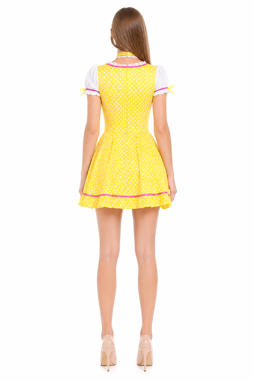 Dress with an apron and puff sleeves in polka dots and floral print back view