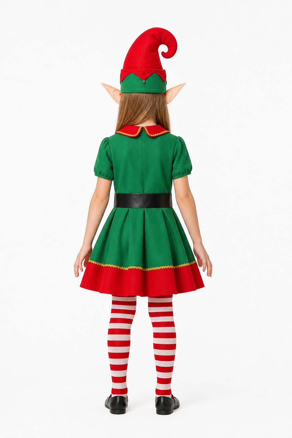 Christmas Elf Costume with Hat and Striped Knee-High Socks back view