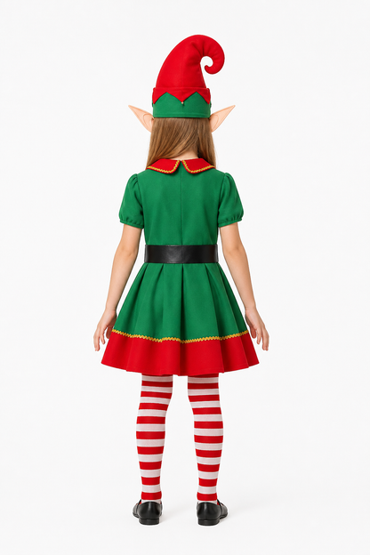 Christmas Elf Costume with Hat and Striped Knee-High Socks back view
