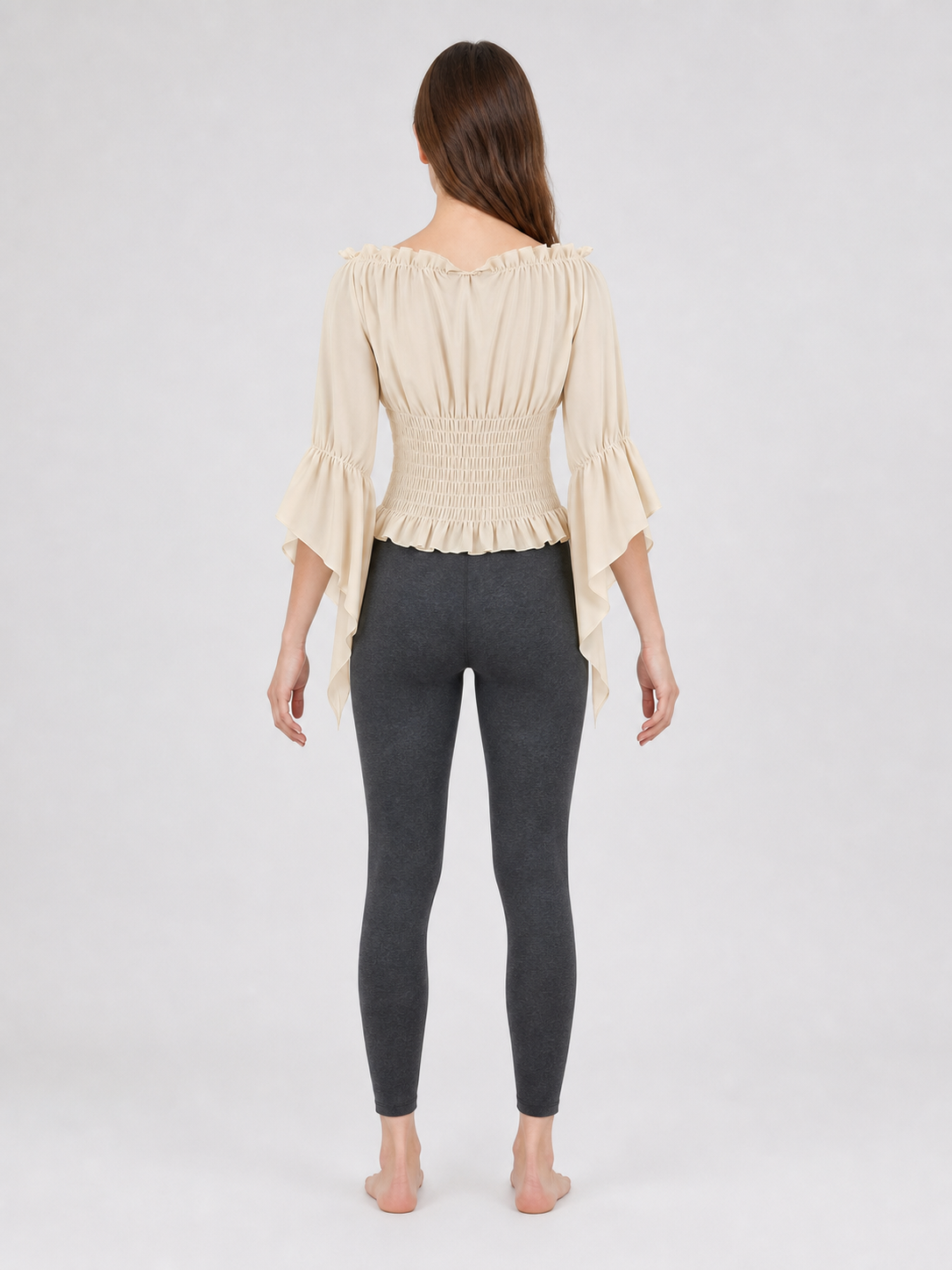 Off-the-Shoulder Lace-Up Blouse, Beige