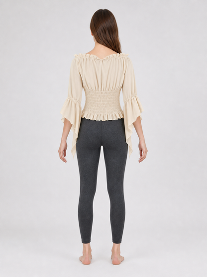 Off-the-Shoulder Lace-Up Blouse, Beige
