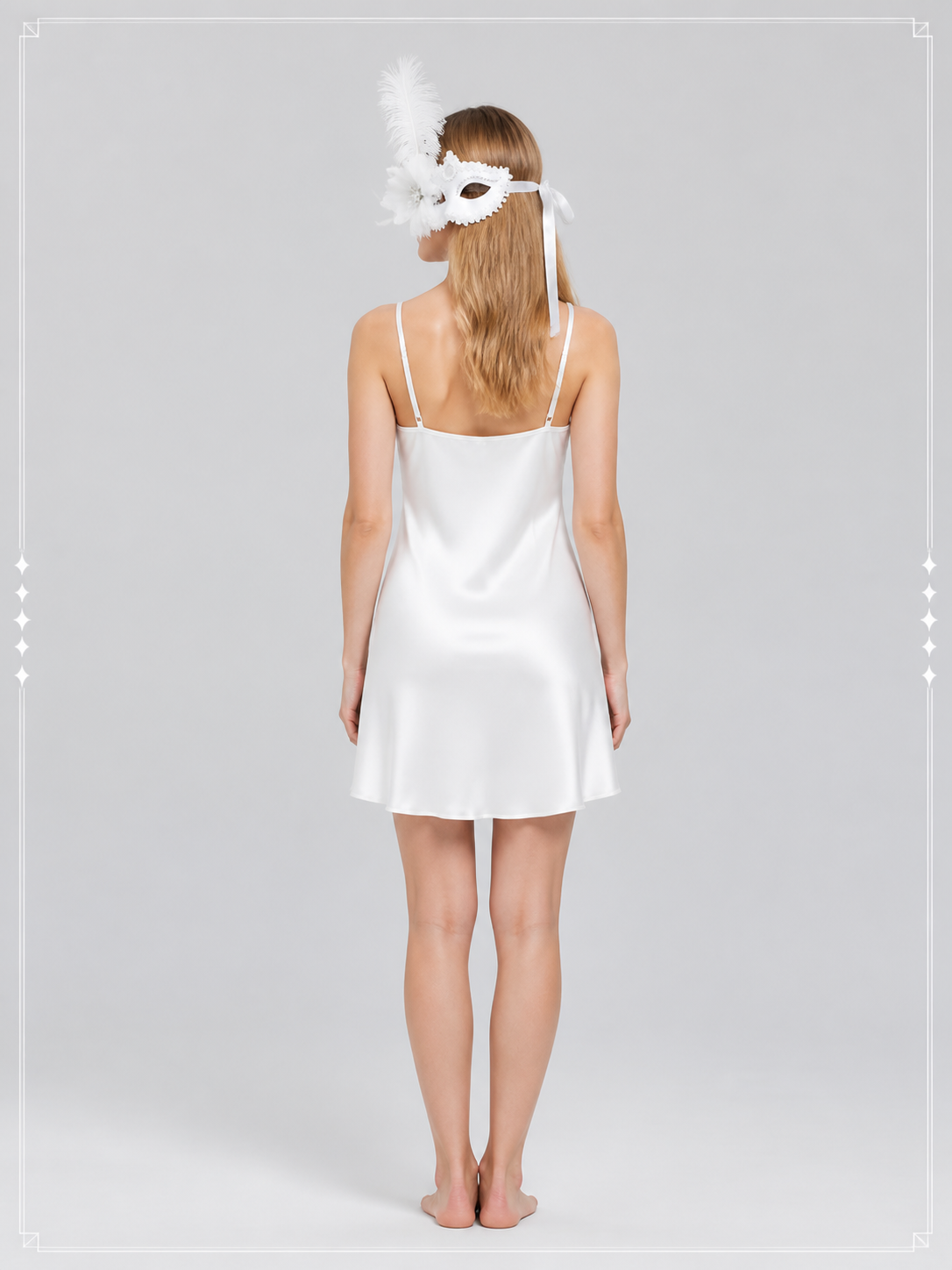White Carnival Mask with Feathers and Lace for Halloween back view