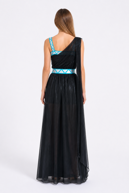 Asymmetrical One-Shoulder Long Black Dress for Cosplay back view