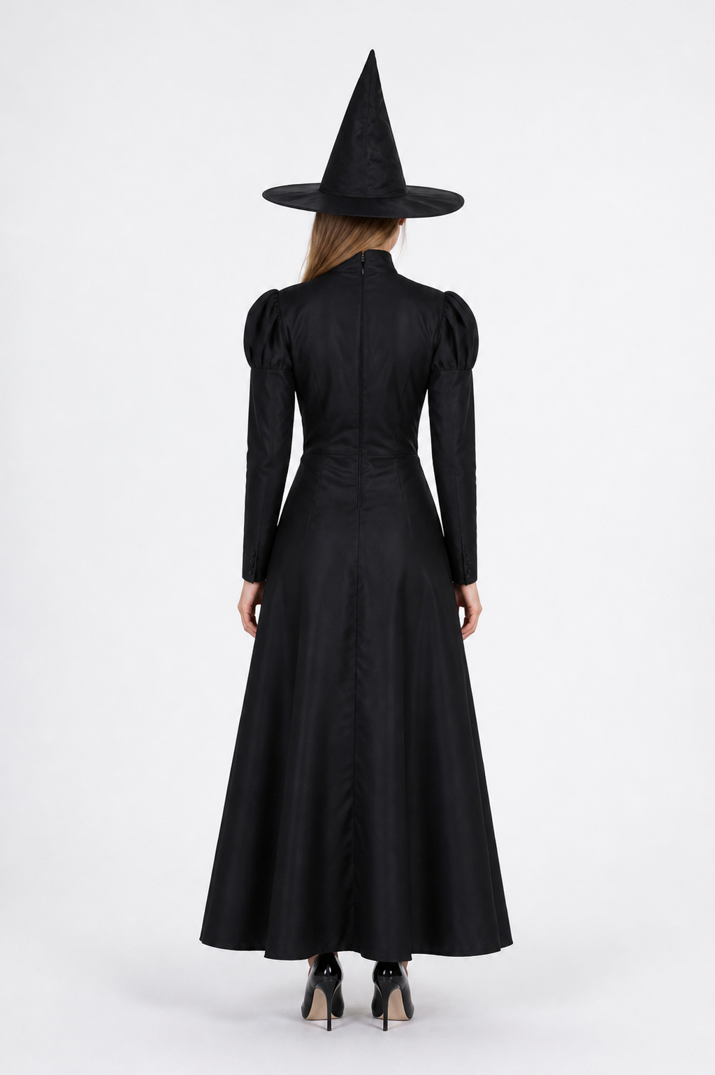 Black Witch Costume with Dress and Pointed Hat back view