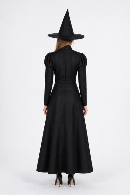 Black Witch Costume with Dress and Pointed Hat back view