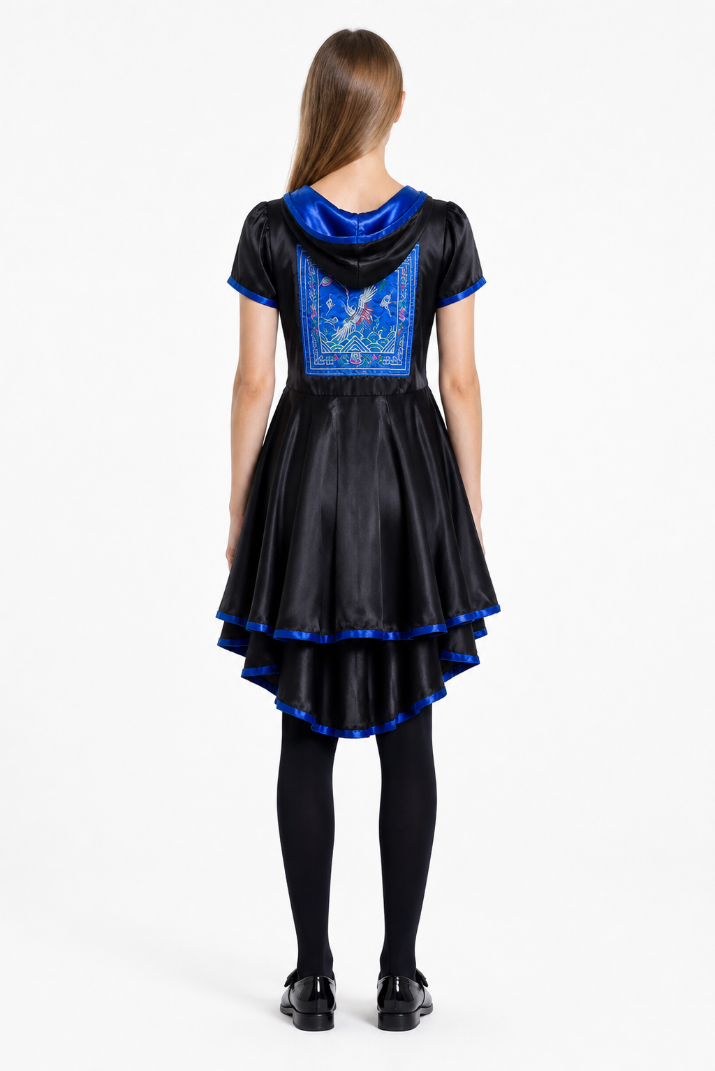 Halloween dress with a tiered skirt and blue decoration back view