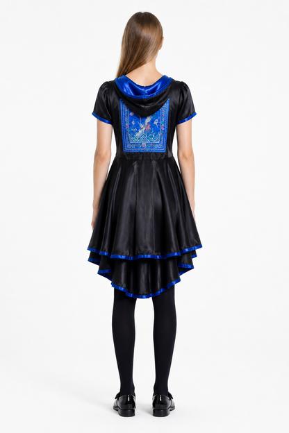 Halloween dress with a tiered skirt and blue decoration back view