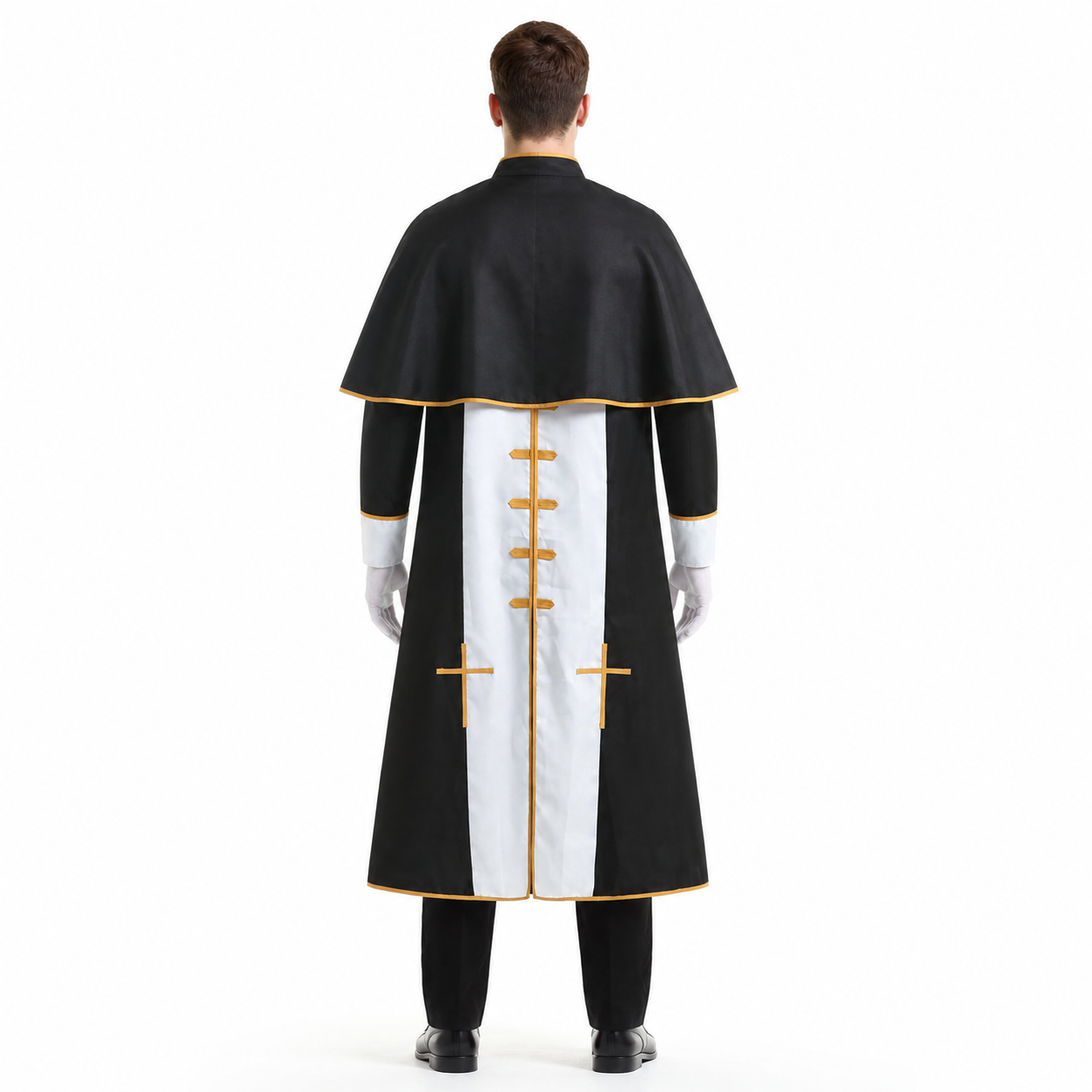 Black Cassock with Cross and Gold Trim back view