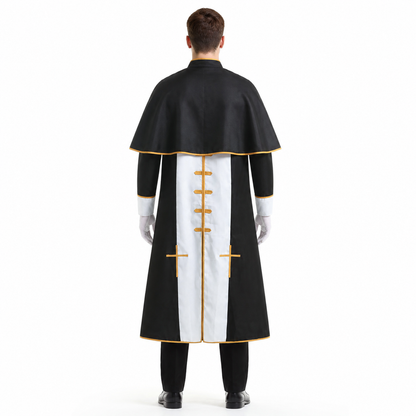 Black Cassock with Cross and Gold Trim back view