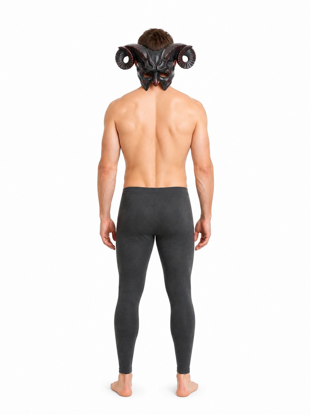 Full-body rear view of a shirtless man wearing the horned mask with curled ridged horns and dark leggings