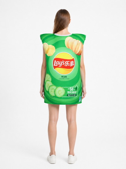 Costume in the shape of a Lay’s potato chip bag with a cucumber print back view