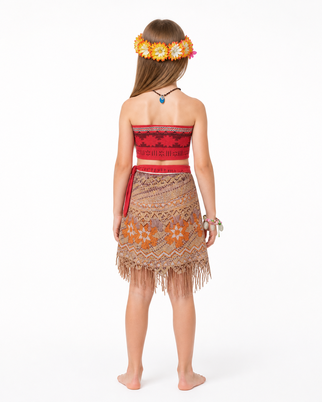 Moana Costume with Fringe and Flower Crown back view