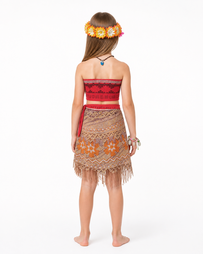 Moana Costume with Fringe and Flower Crown back view