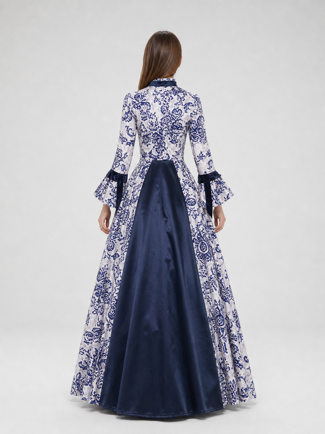 Patterned Evening Dress with Long Sleeves and a Flared Skirt