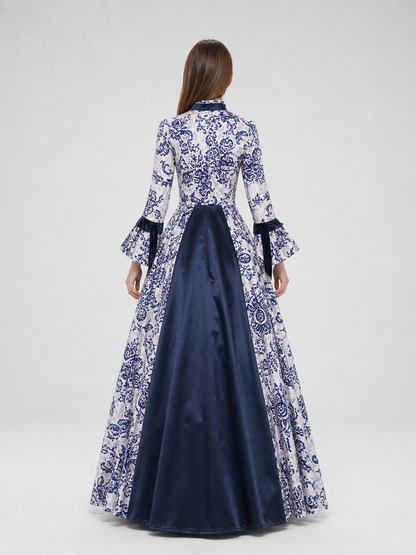 Patterned Evening Dress with Long Sleeves and a Flared Skirt