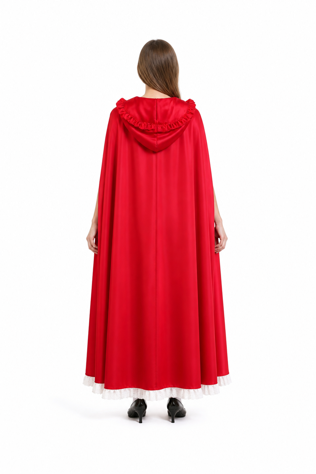 Red Dress with Hooded Cape and Lace back view