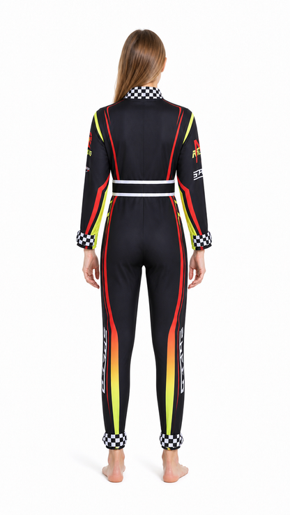 Racing Jumpsuit with Belt and Checkered Print