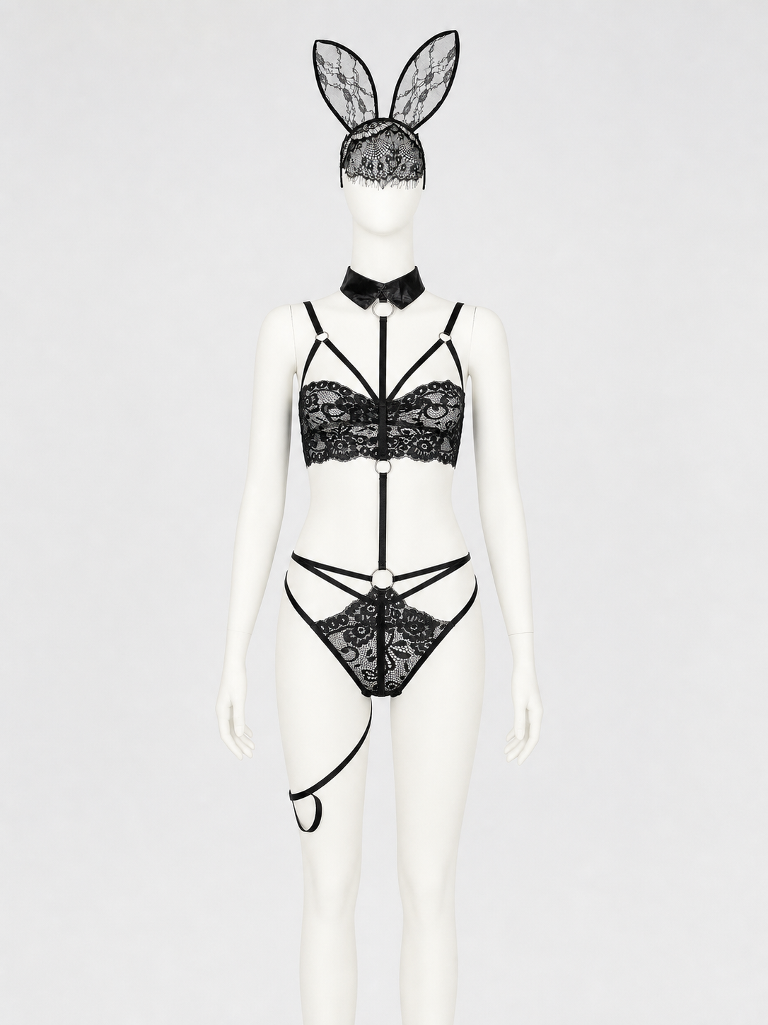 Lace Bunny Costume with Ears and Decorative Straps