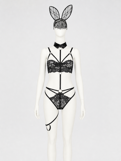 Lace Bunny Costume with Ears and Decorative Straps