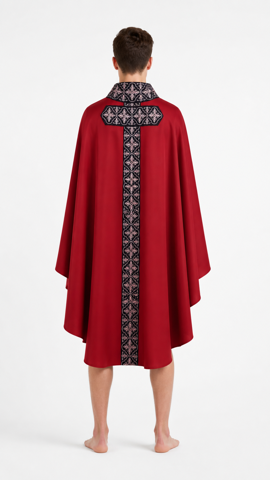 Red Cloak with Black Pattern and Wide Sleeves back view