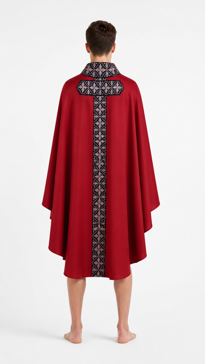 Red Cloak with Black Pattern and Wide Sleeves back view
