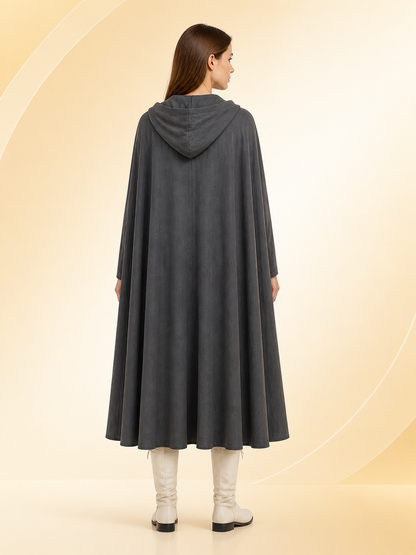 Adult Fantasy Hooded Cape, Long Dark Gray Cloak With Front Tie Closure, Wide back view 6
