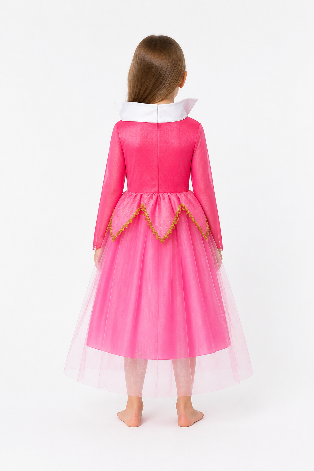 Long, full princess dress with gold trim back view