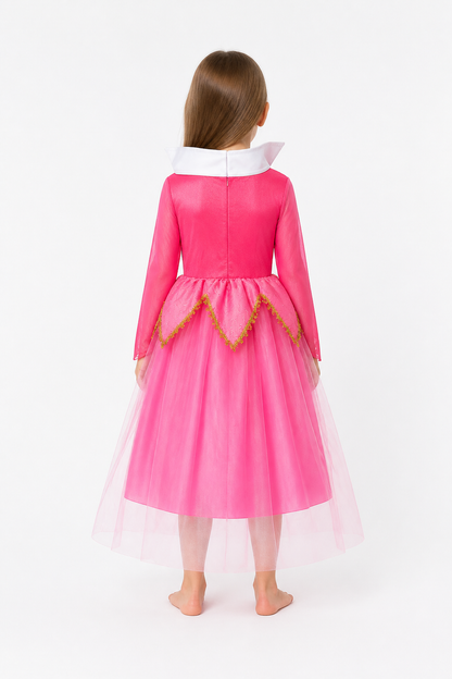 Long, full princess dress with gold trim back view