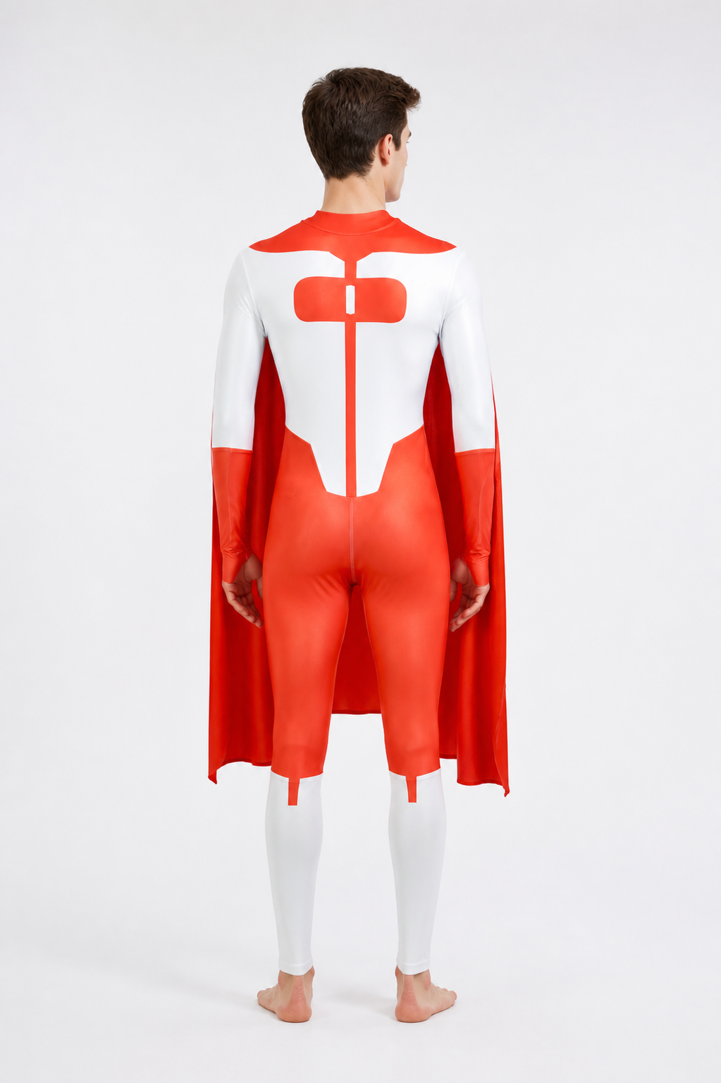 Red-and-White Jumpsuit with Cape and Long Sleeves