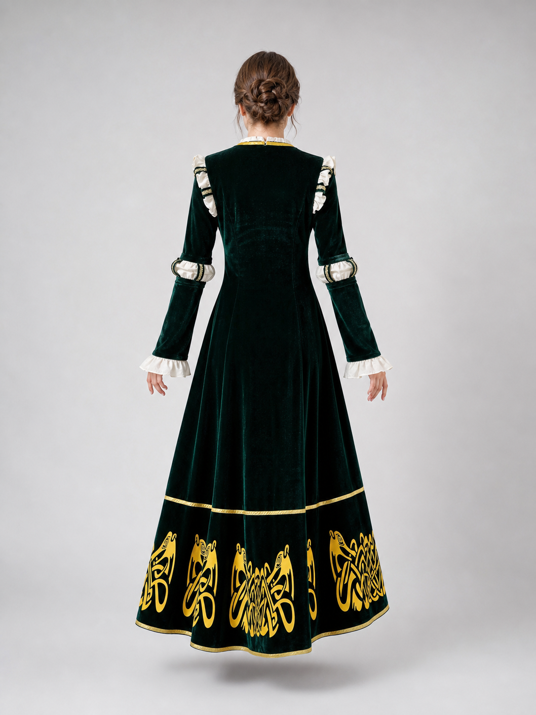 Medieval Cosplay Dress with Ruffles and Belt back view
