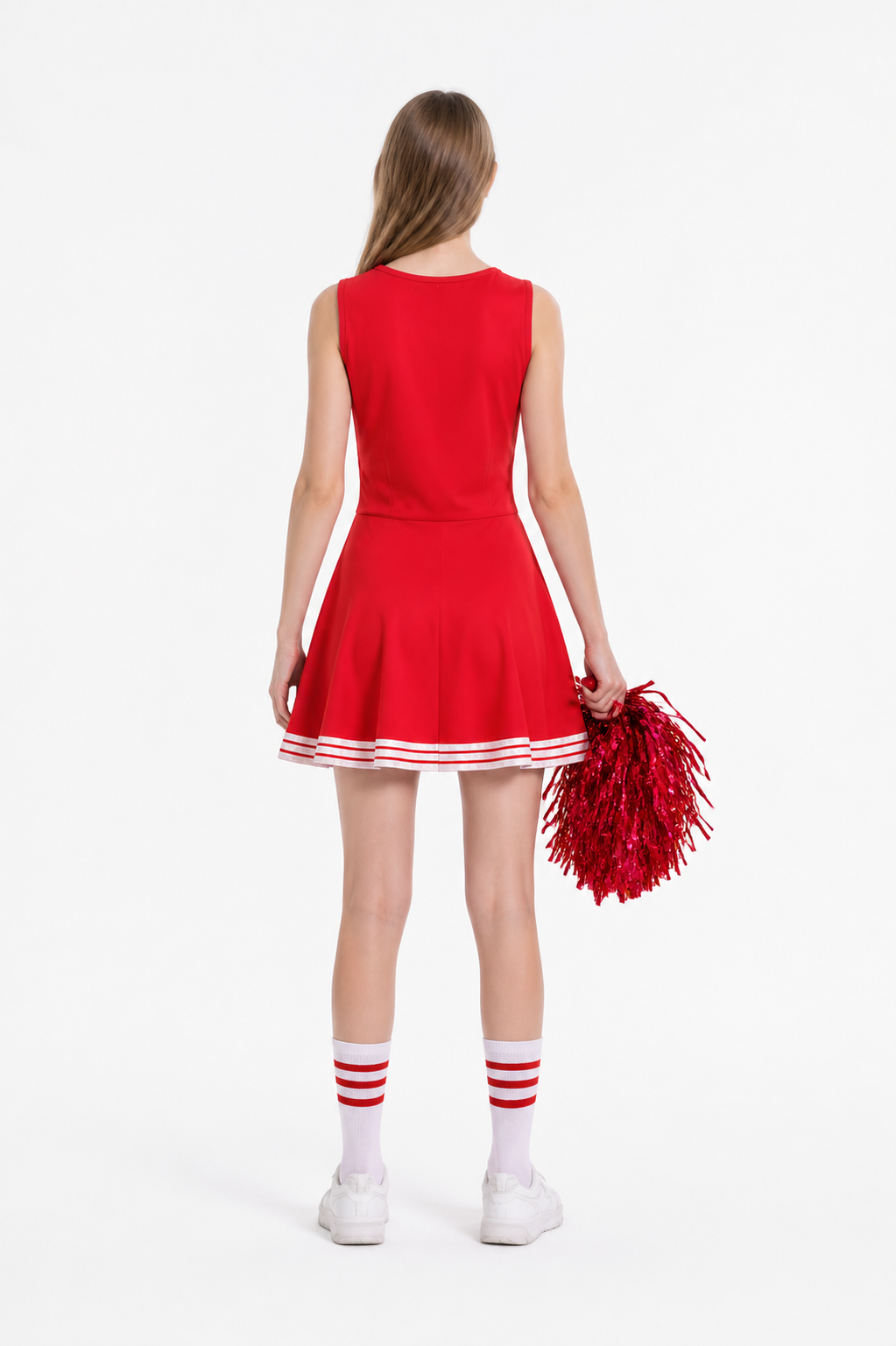 Red Cheerleading Dress with Pom-Poms and Knee-High Socks back view