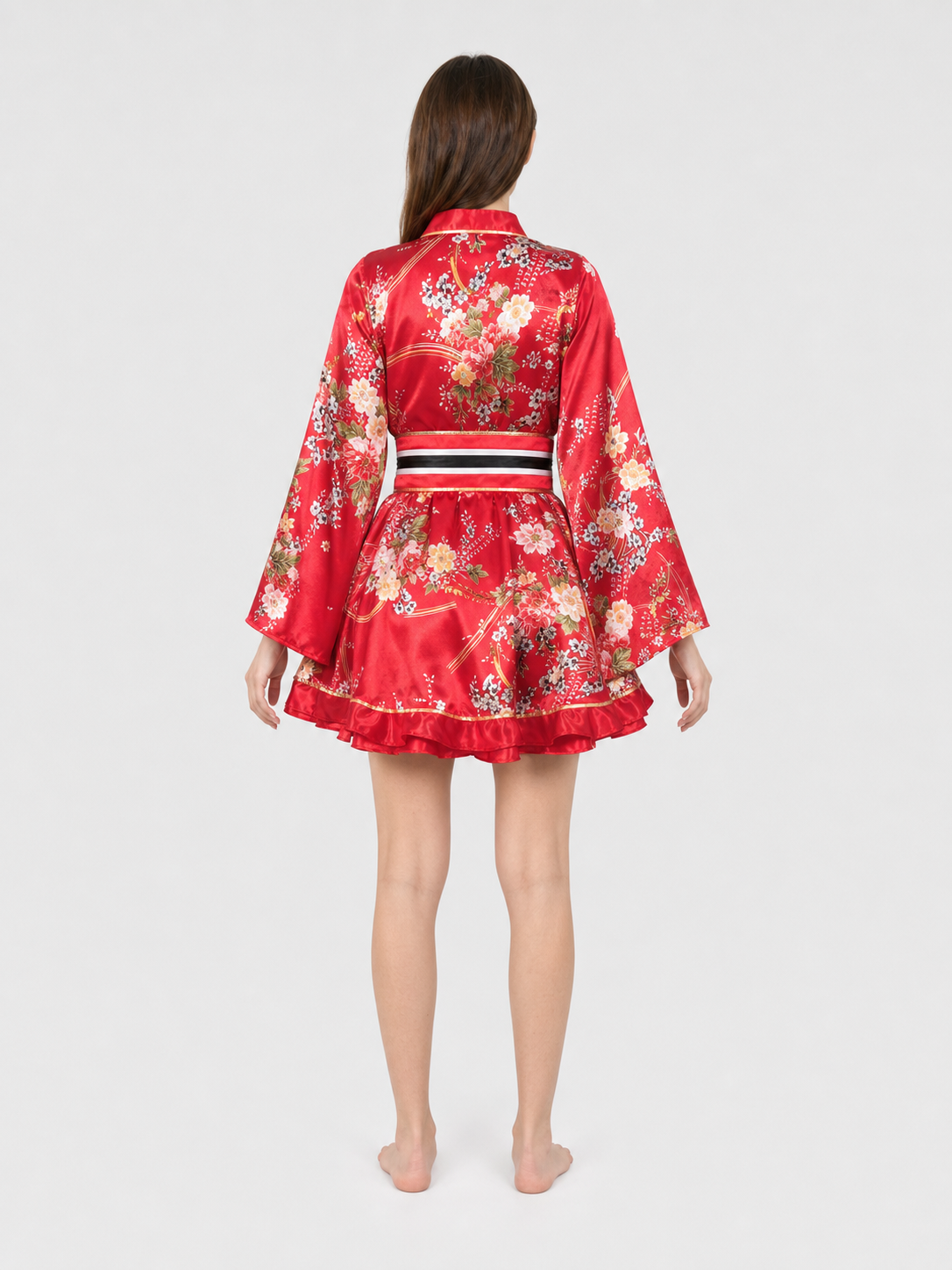 Kimono with Belt and Short Skirt, Floral Print